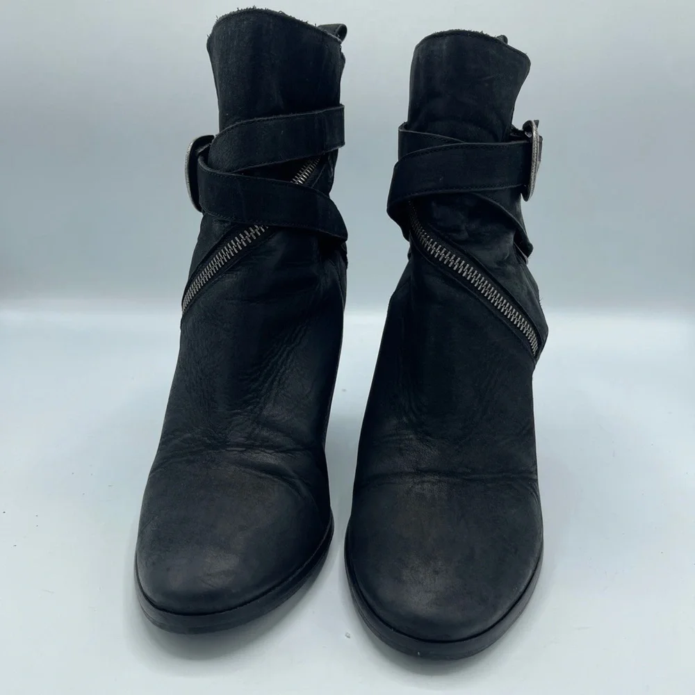 AllSaints TEJUS Ladies Black Leather Buckle Western Ankle